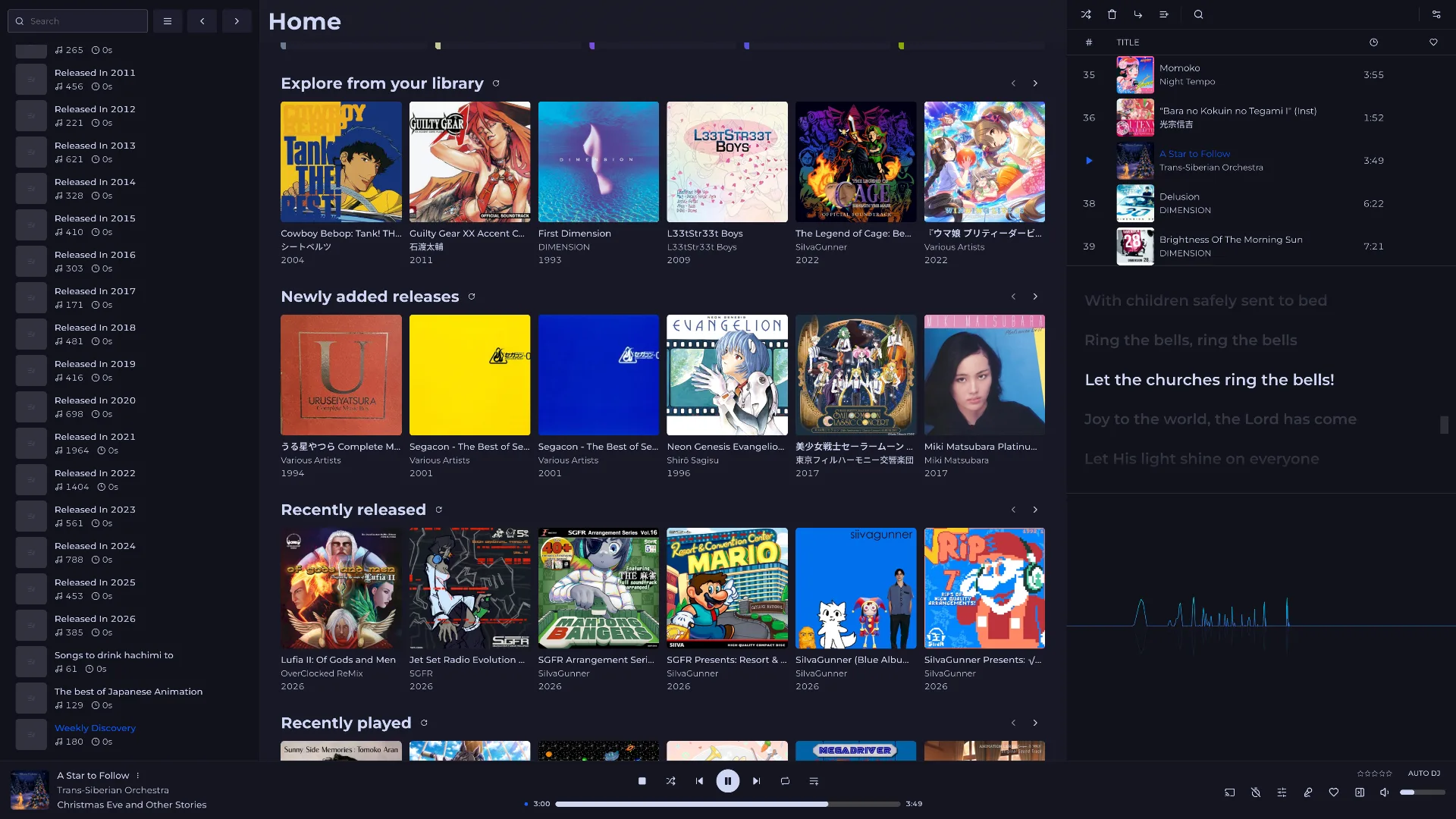 A music player interface, showing a variety of playlists on the right, a queue, lyrics viewer, and visualizer on the right, and a handful of remix albums in the center.