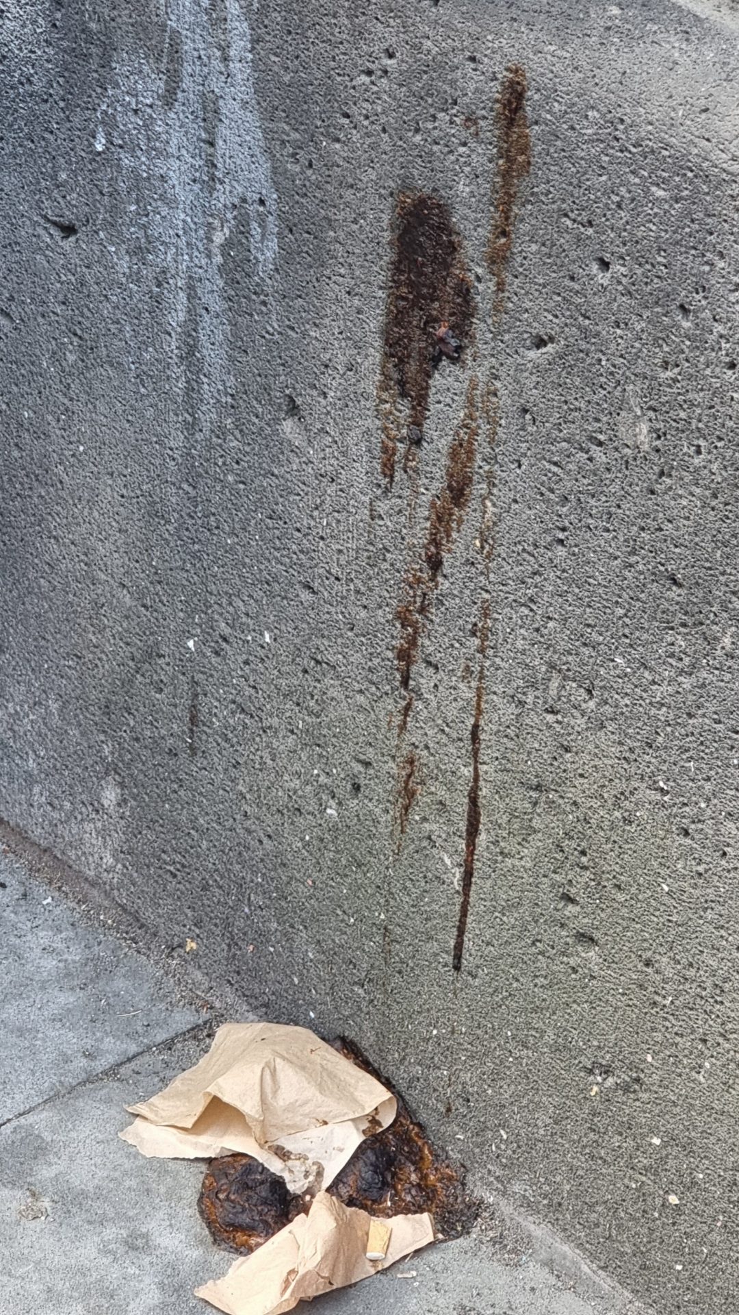 Menschlicher Kot auf einem Gehweg und an einer Hauswand.