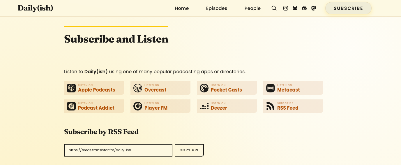 Screenshot of the subscribe page on daily.chrisenns.com showing links to various podcast apps and rss feeds to subscribe to my podcast with.