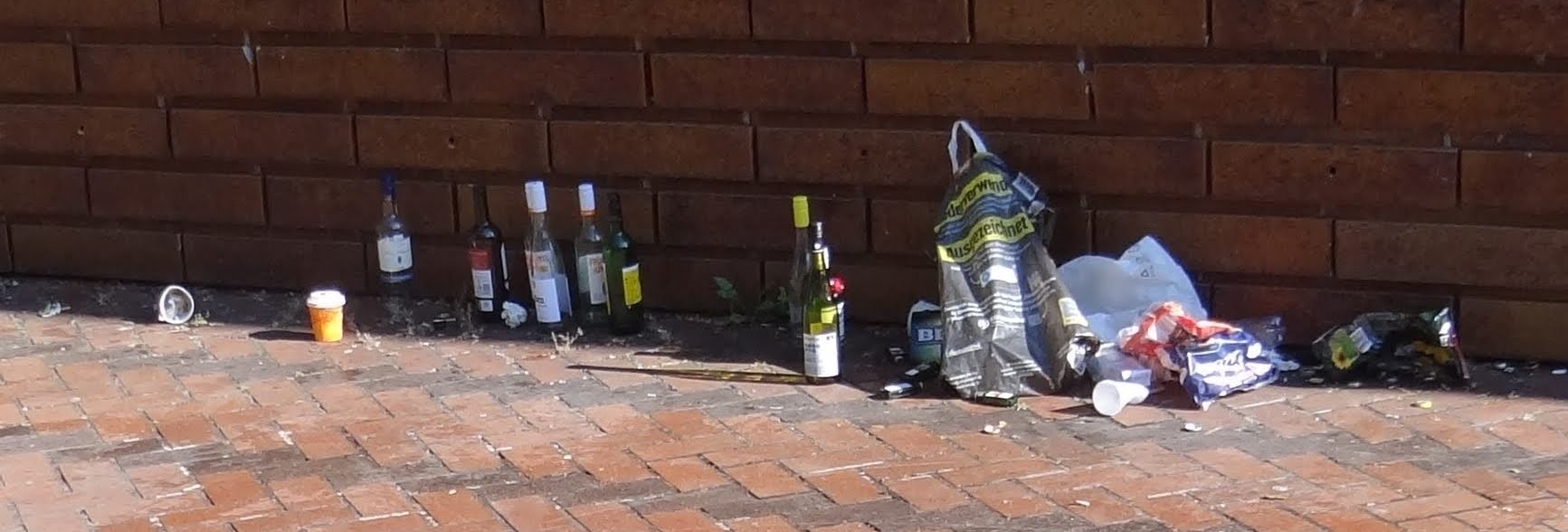 Verschiedene leere Glasflaschen vor einer Hauswand.