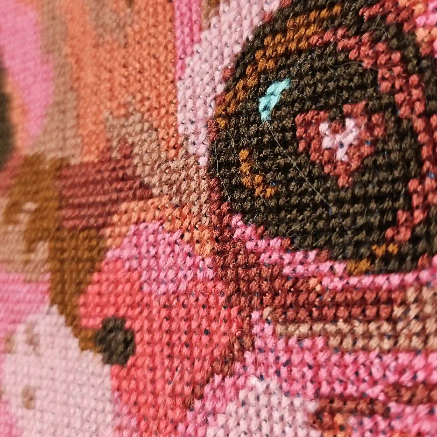 A close up of the heart in the middle of the cat's giant eyes. Cross stitch.