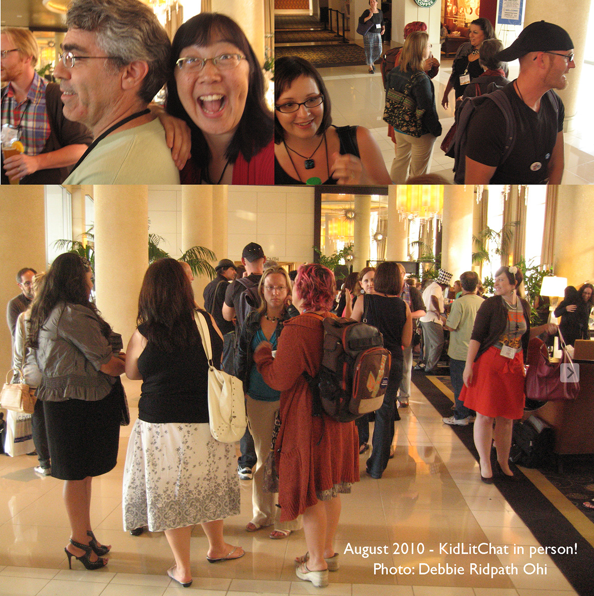 Collage of photos of a real-life meetup of conference attendees in lobby of a hotel, chitchatting with each other.