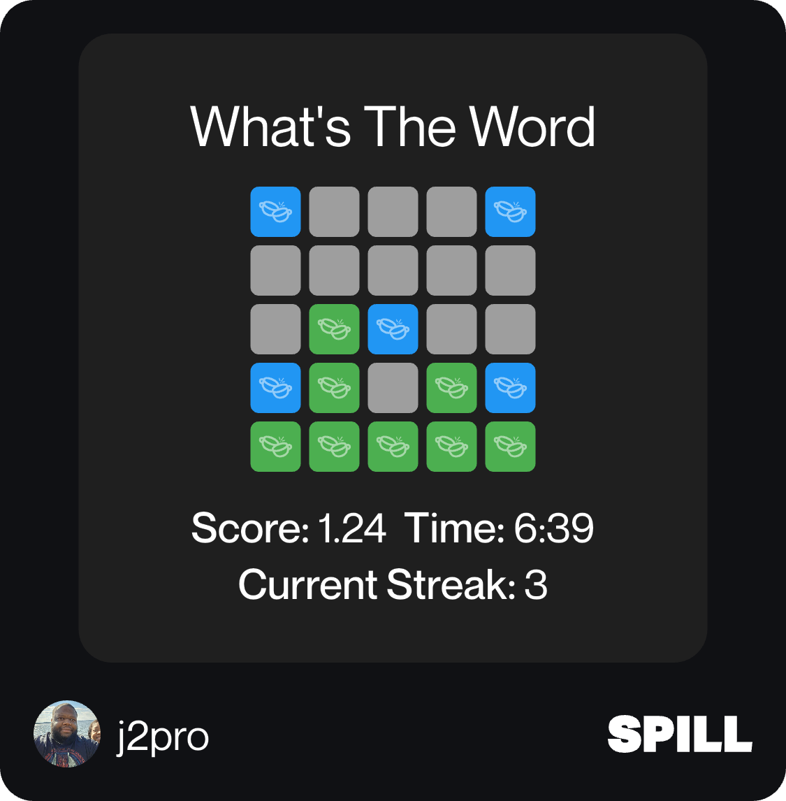 What's The Word
Score: 1.24 Time: 6:39
Current Streak: 3