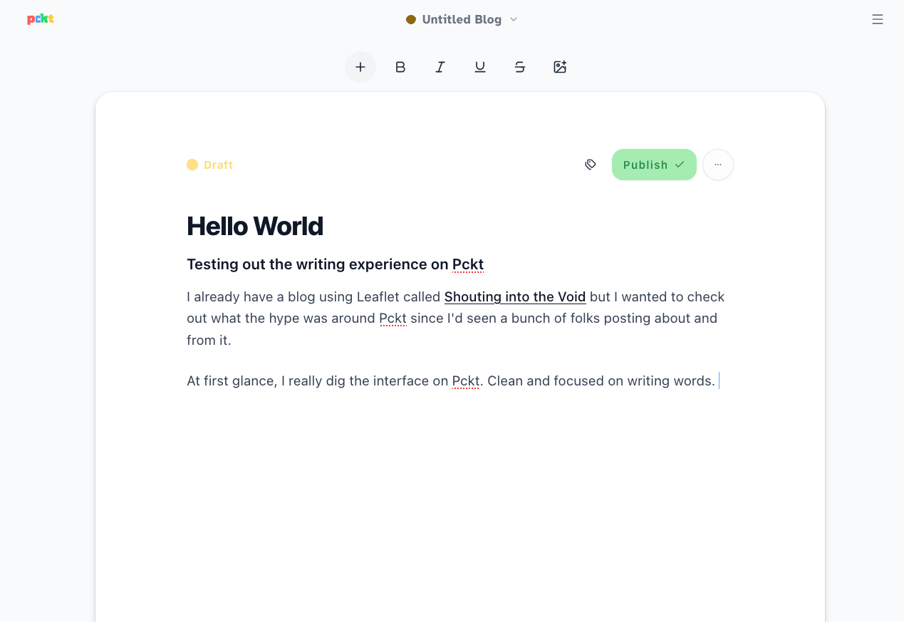 Screenshot of pckt's blogging editor which is just the words you see on my blog post.