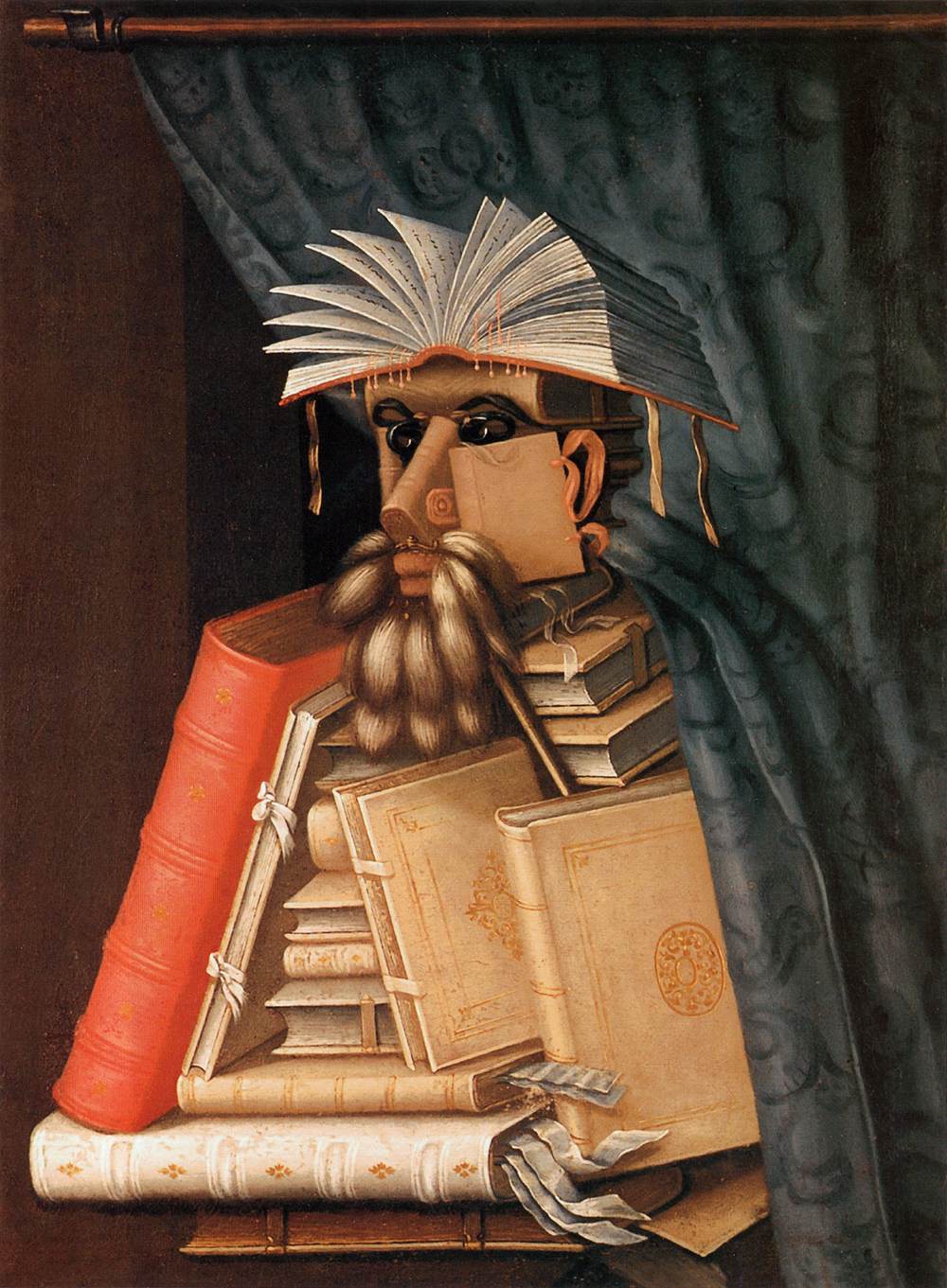 arcimboldo's portrait "the librarian" which is a portrait of a man mad of books and cloth