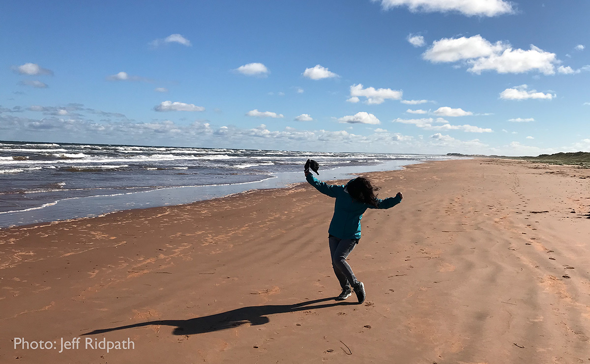 A figure on a sunny beach beneath a cloud-studded sky, ocean waves lapping up on the sand. Figure is wearing a coat and appears to be dancing.