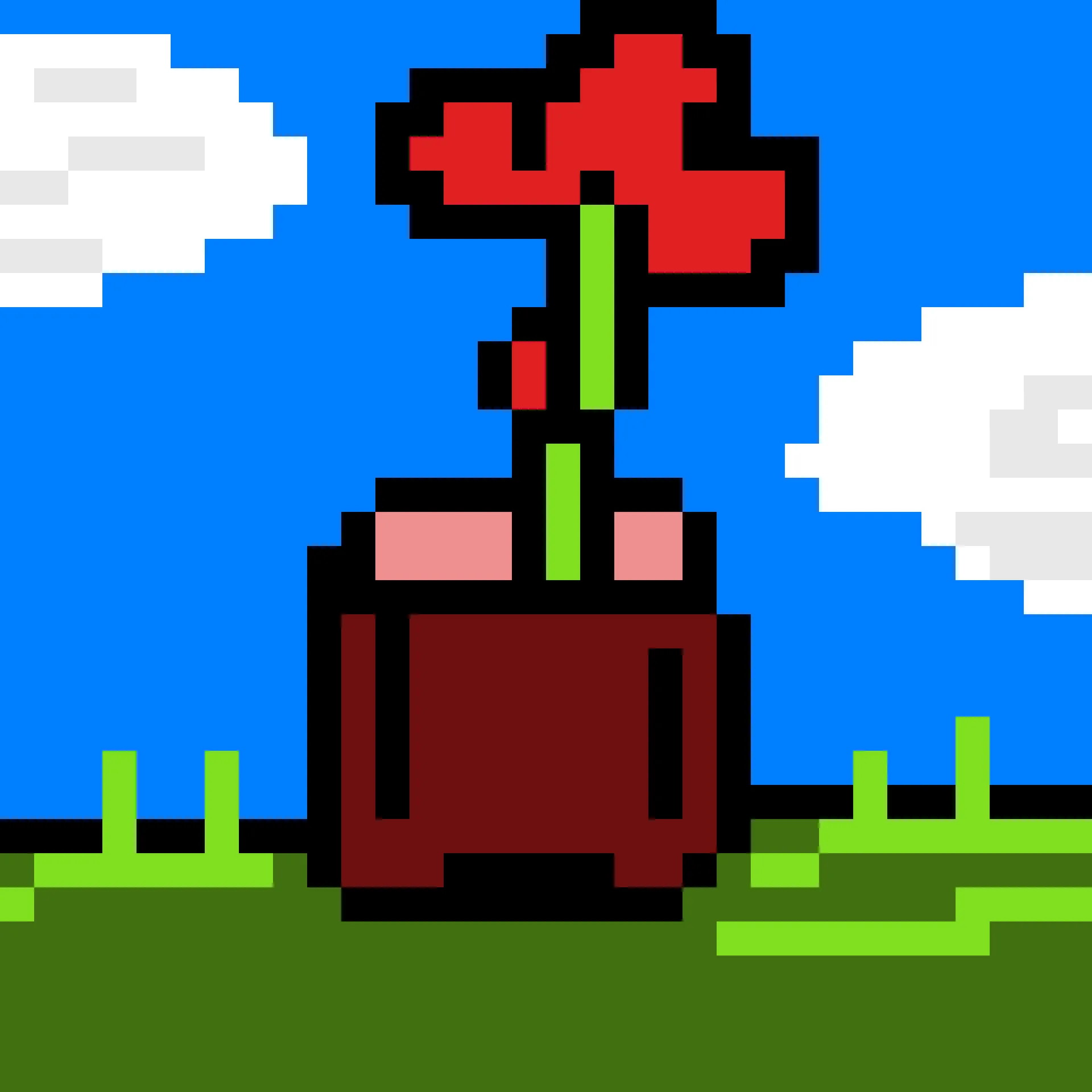 Pixel arte de uma flor vermelha em um vaso marron ao fundo um céu azul com nuvens brancas