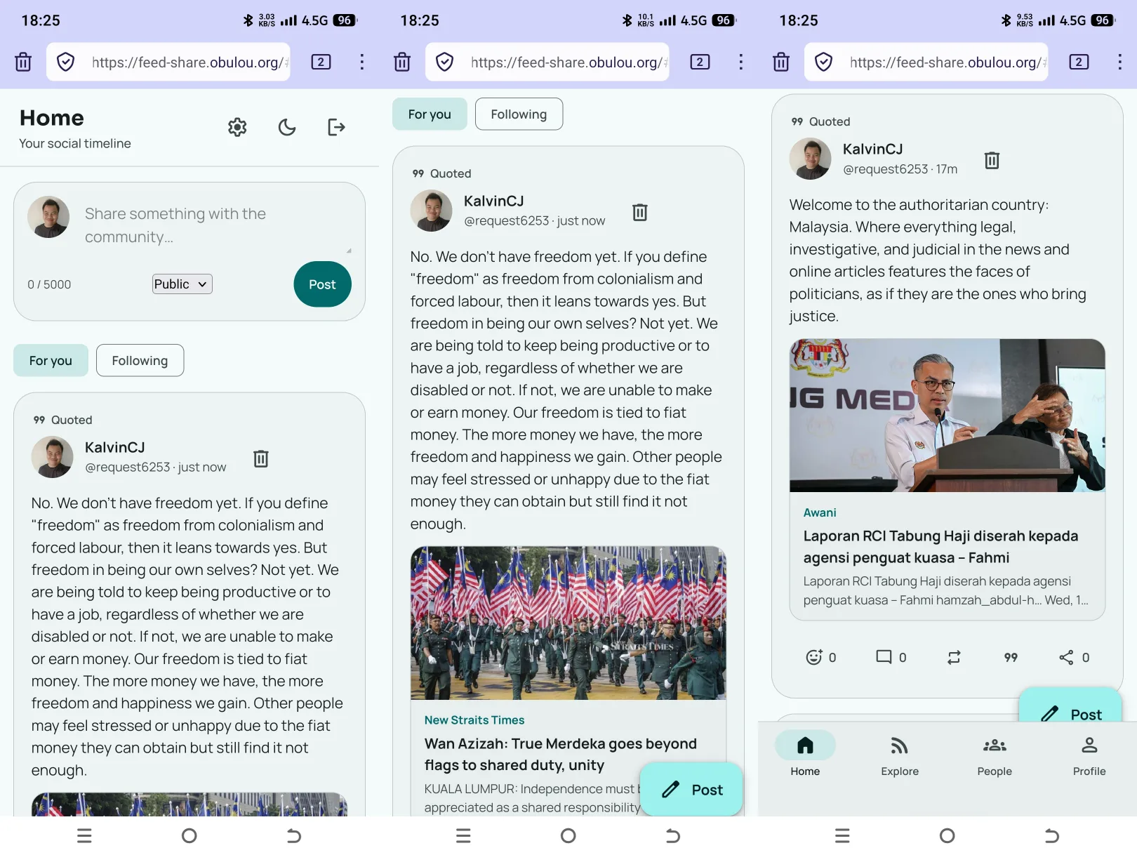 Screenshots of Conflux social media interface showing feed syndication, quoting, and commenting features.