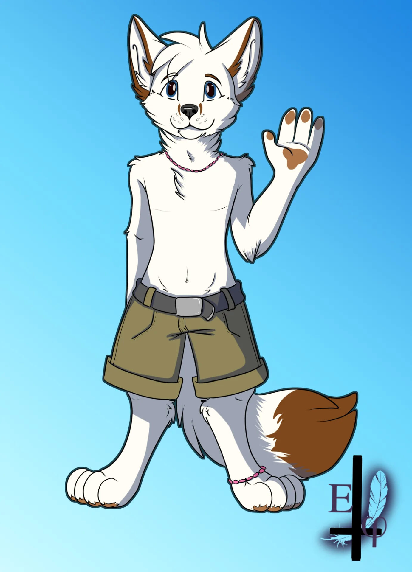 A cartoon of a white arctic fox in shorts waving at the viewer.