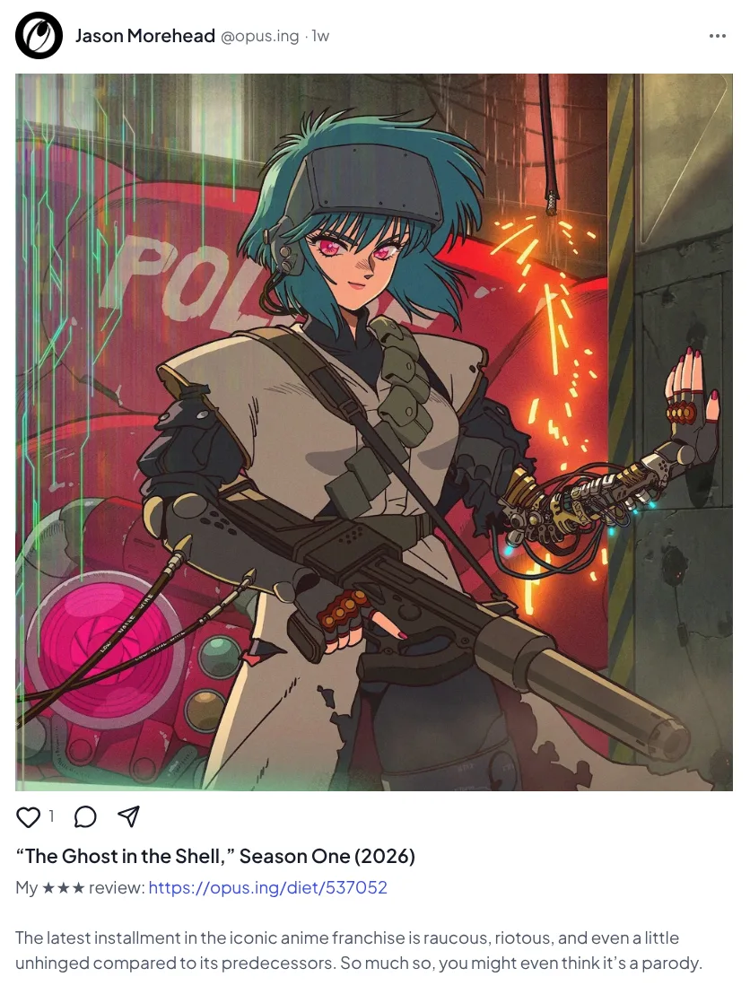 A picture of a grain.social post of a Ghost in the Shell review by user @opus.ing.