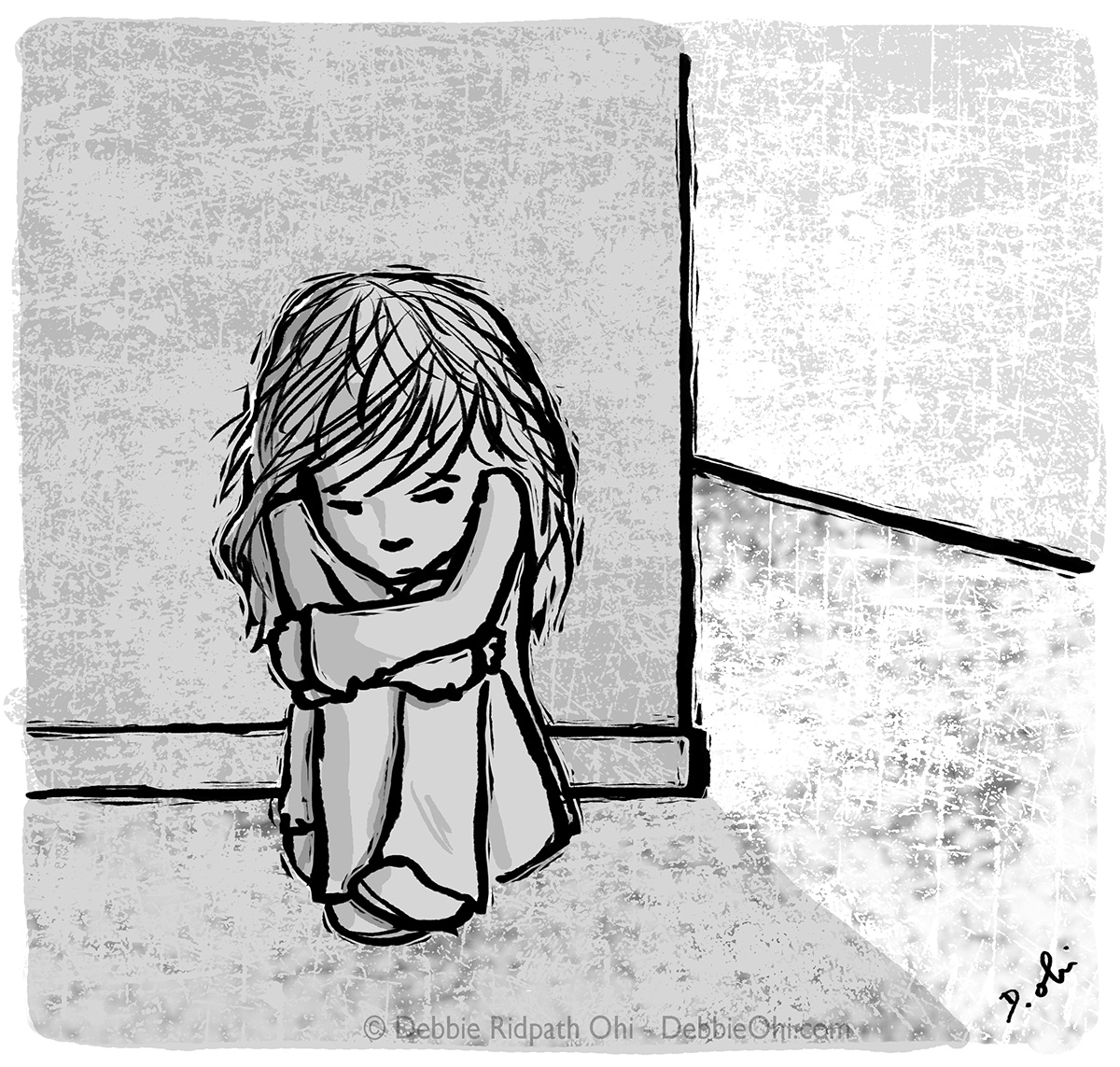 Black-and-white illustration of a girl sitting on the floor by a window, hugging her knees with her head lowered. Art by Debbie Ridpath Ohi.