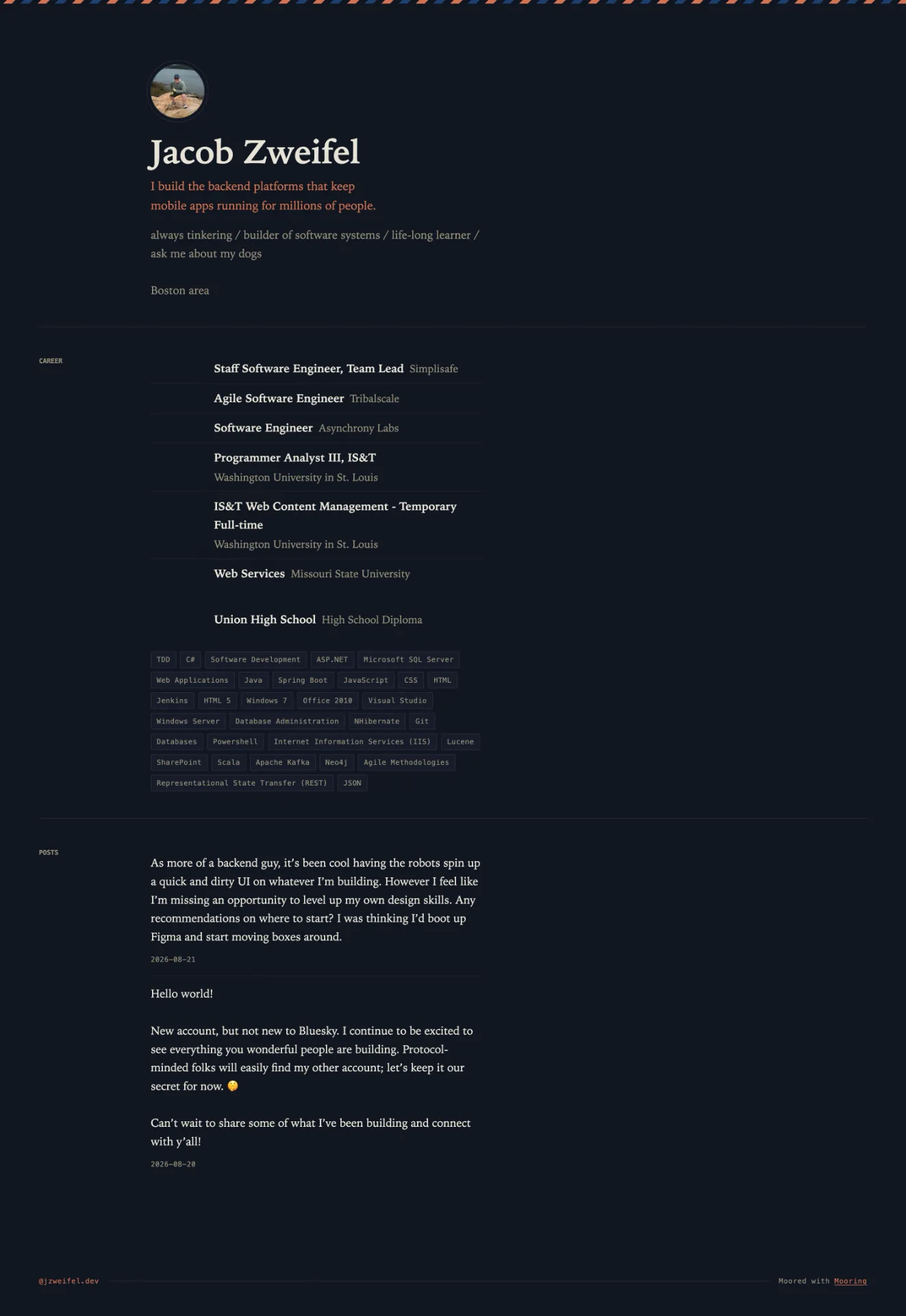 A screenshot of my website https://jzweifel.dev. It includes a header area with my name and profile picture, a Career area with details from sifa.id, and a posts area with recent Bluesky posts.