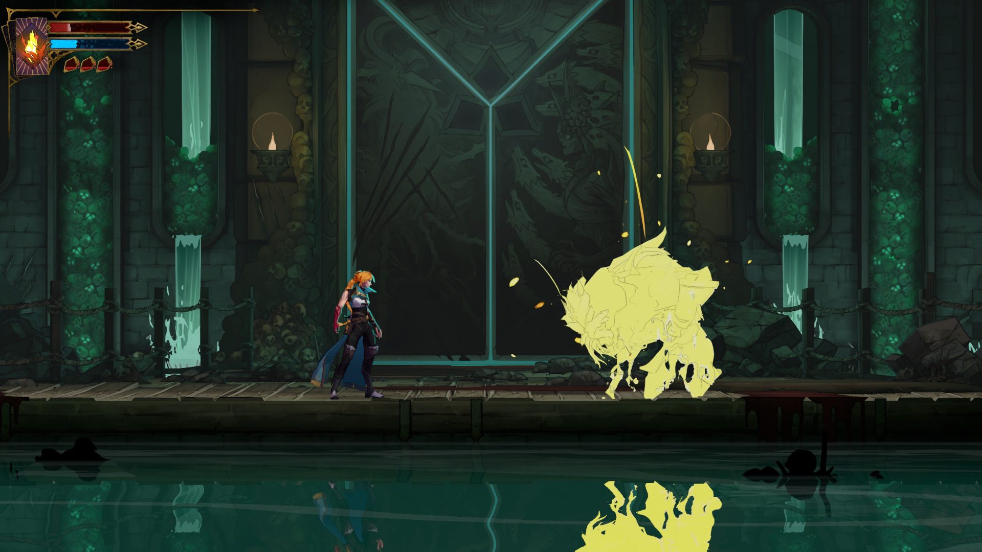 Rose stands in a green room before a green door broken into 3 parts. The boss is breaking down into yellow lights. I have about a quarter of my health and magic remaining, and my potions are empty.