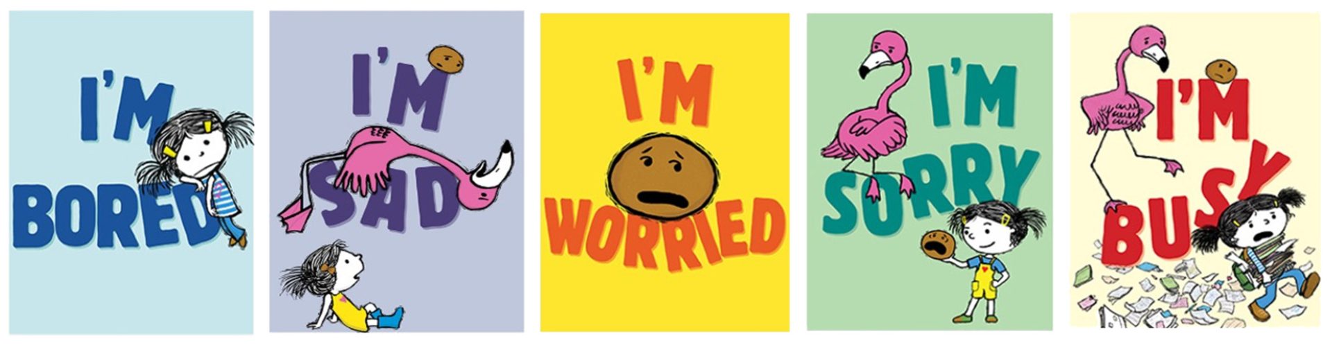 Book covers for the "I'm" picture book series featuring titles I'm Bored, I'm Sad, I'm Worried, I'm Sorry, and I'm Busy.