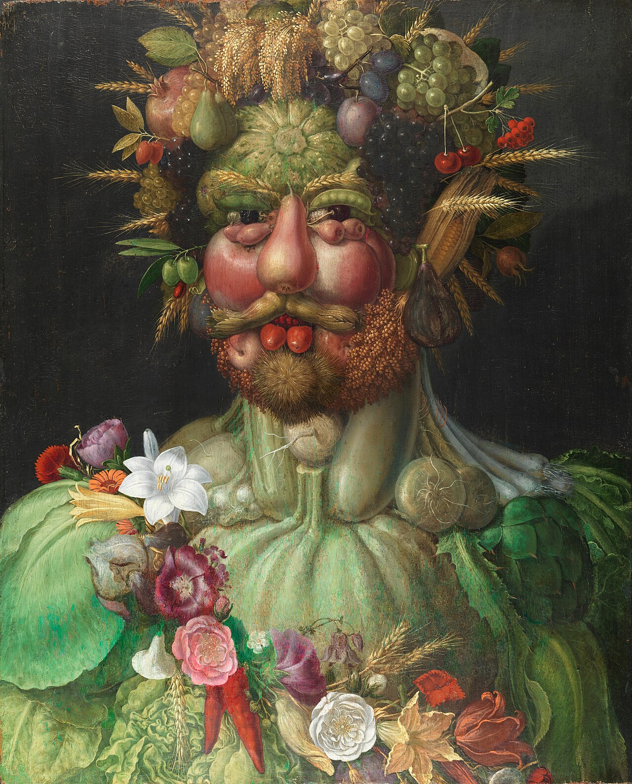 arcimboldo's portrait of rudolf ii composed of vegetables, fruit and flowers