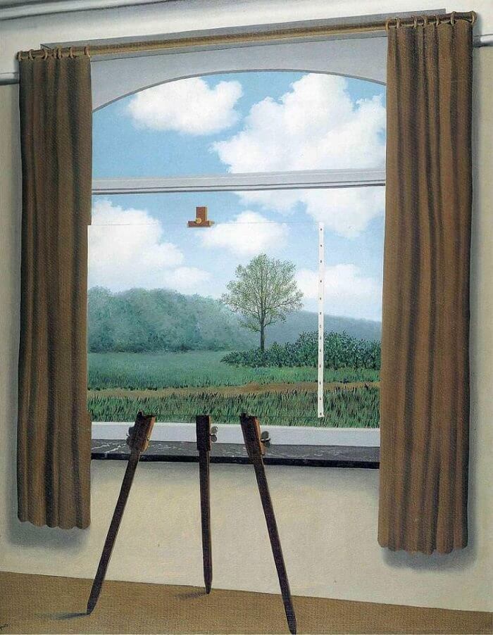 magritte painting that is made to look 3d by having a painting on an easel in front of a window it's supposedly a painted scene of