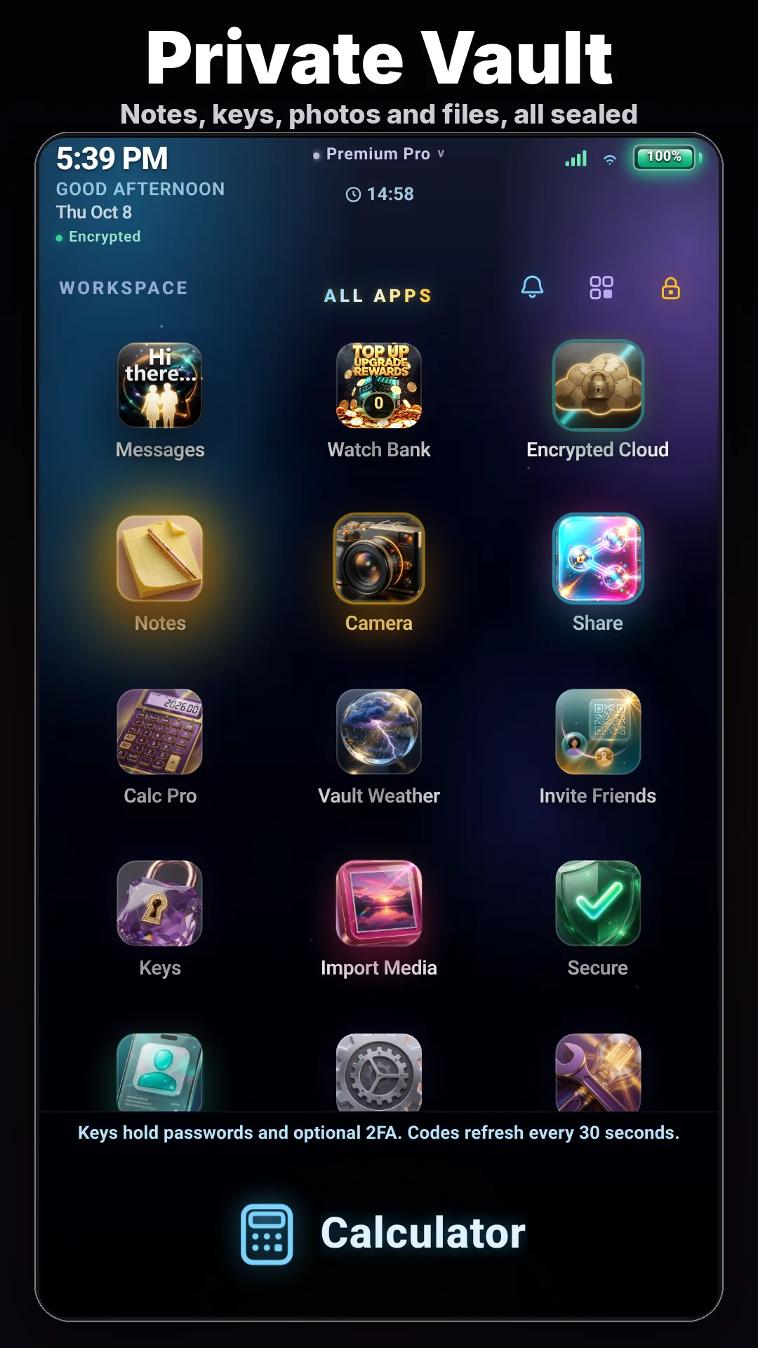 Screenshot of the Lock It private vault home screen titled "Private Vault", showing a grid of app icons such as Messages, Notes, Camera, Keys and Secure, with a Calculator label at the bottom.