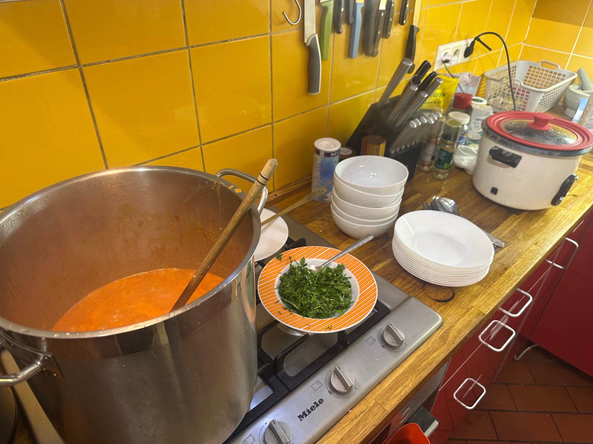 The kitchen of the Metalab in Vienna with a massive pot of vegan curry, a bowl with chives and a large set of plates and bowls, with a rice cooker full of rice, ready to serve around 20 people.