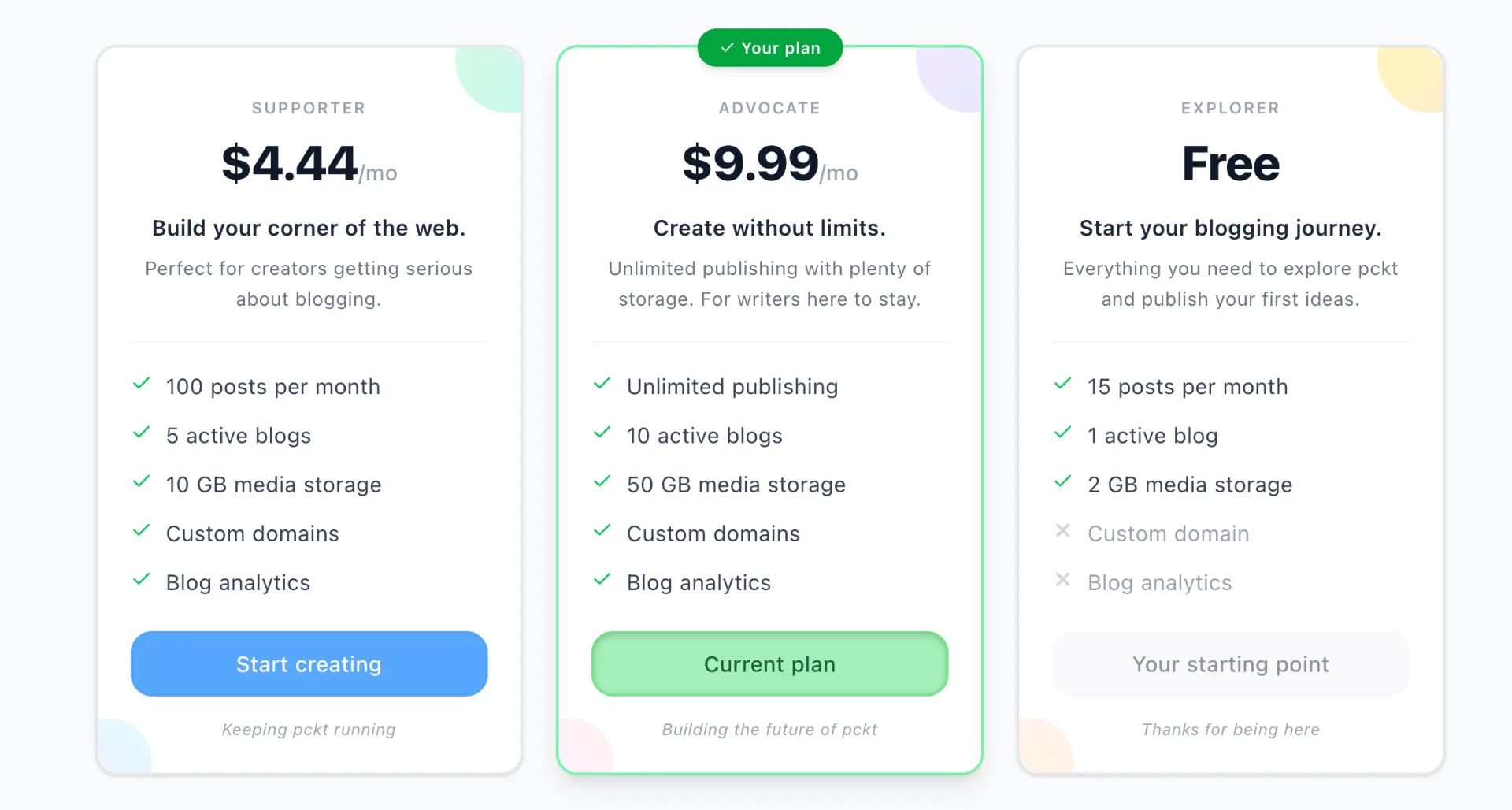 pckt pricing tier showcasing media storage amounts