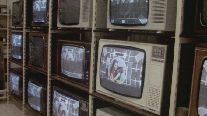 Television display in Carrefour, Caerphilly, South Wales, UK in 1972