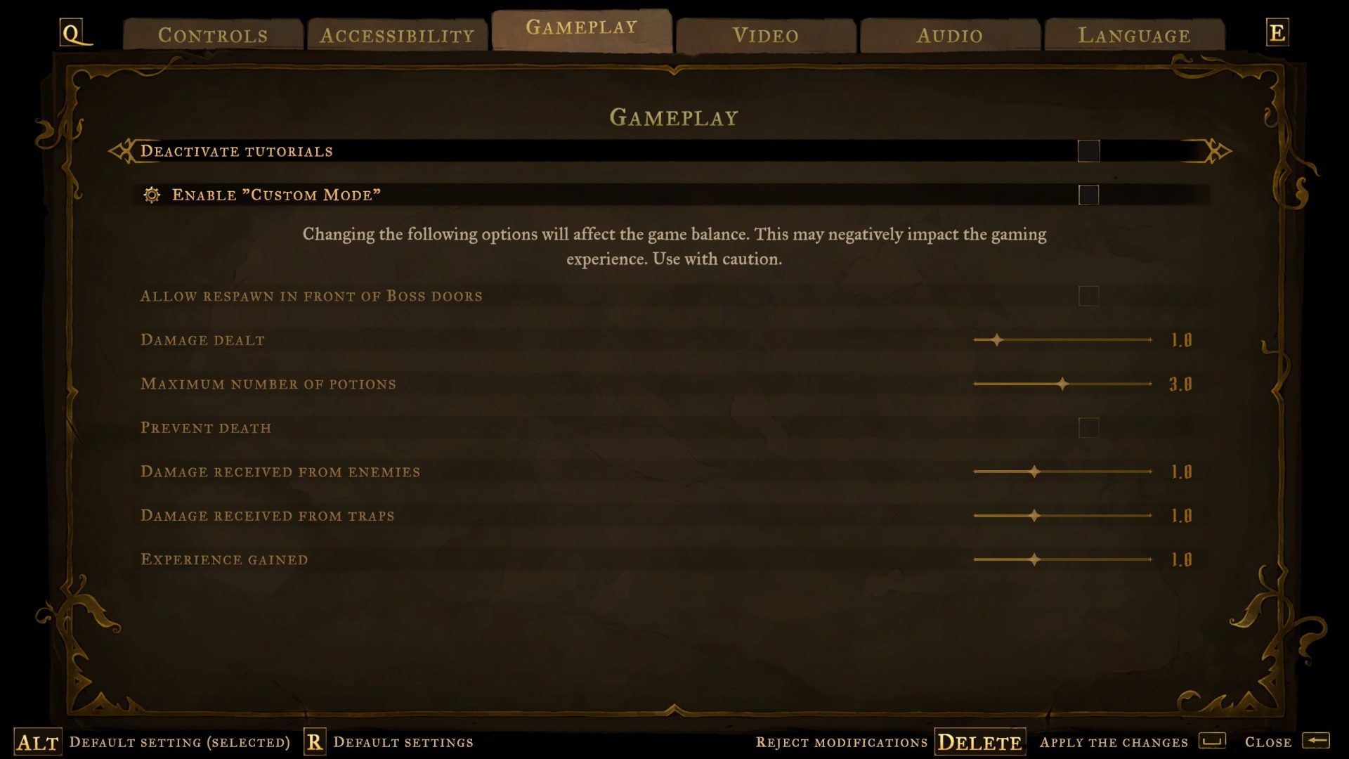 The "Gameplay" menu in Settings allows you to Deactive Tutorials and Enable "Custom Mode" to adjust the game's balance by adjusting mechanics like respawn, damage, death, and experience.