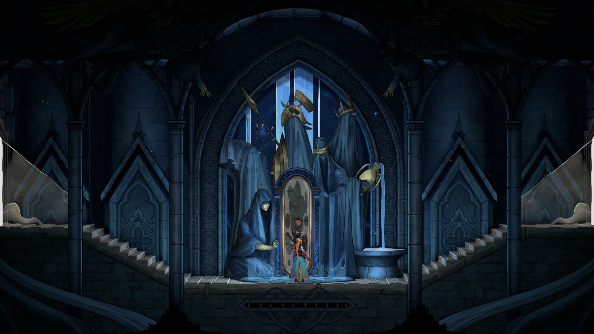 Rose stands in a blue room in front a blue mirror. The room is framed by two angelic figures reaching toward the center. The mirror is surrounded by 5 blue cloaked figures with an assortment of golden weaposn and adornments.