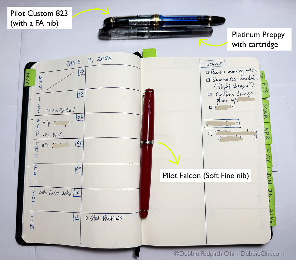 An open bullet journal with fountain pens labelled. The spread shows the week of Jan 5-11, 2026, with some handwritten notes about tasks.