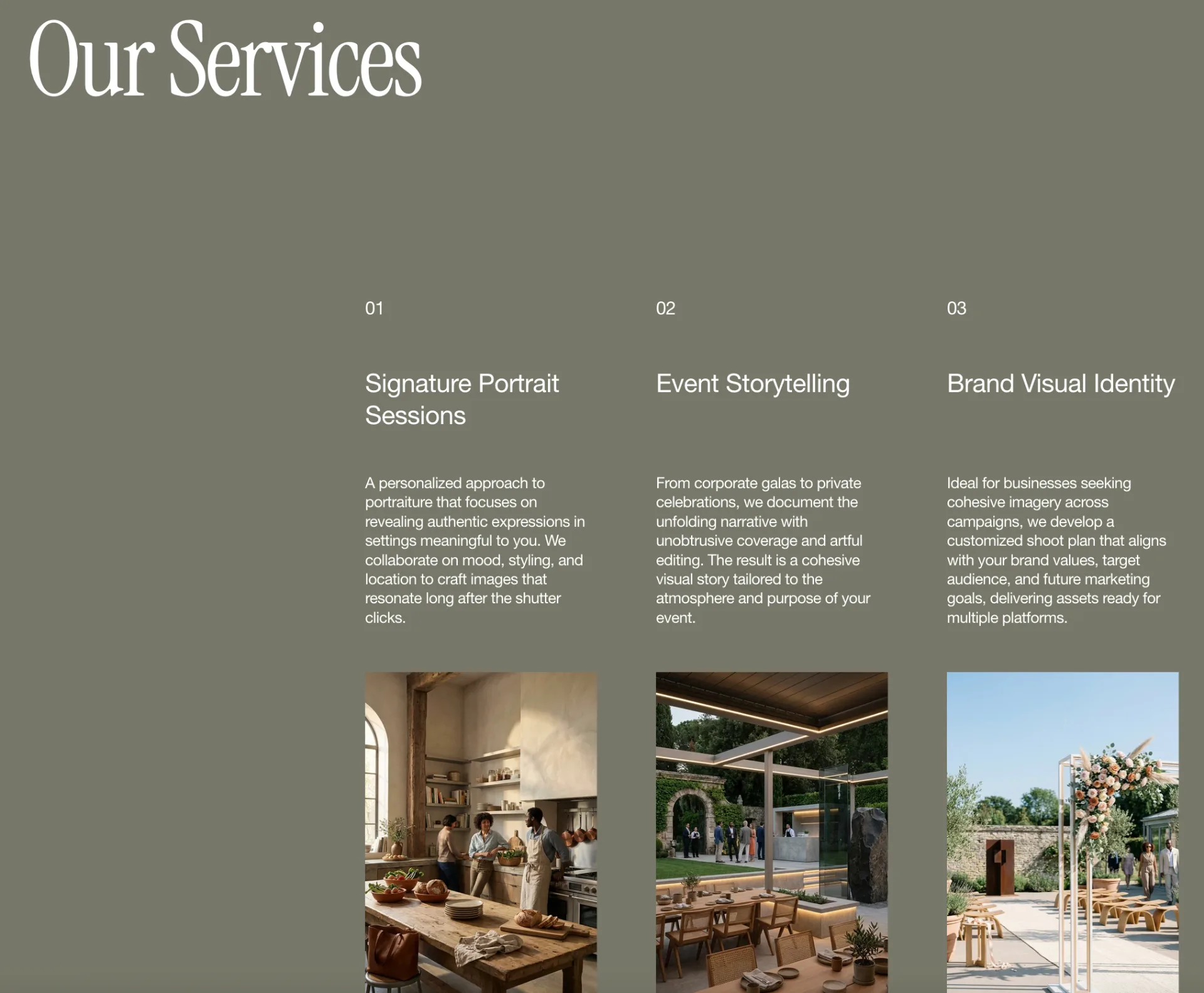 A screenshot from a website builder's default website section, which is titled "Our Services" and has three sections, each of which has its own title, blurb, and photo. Literally how am I meant to fill that in for my personal website?? Website builders are doing too much, too soon.