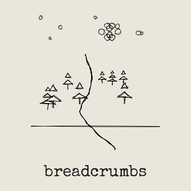 The breadcrumbs mark: a hand-drawn path through a few small trees under a sky of scribbled circles.