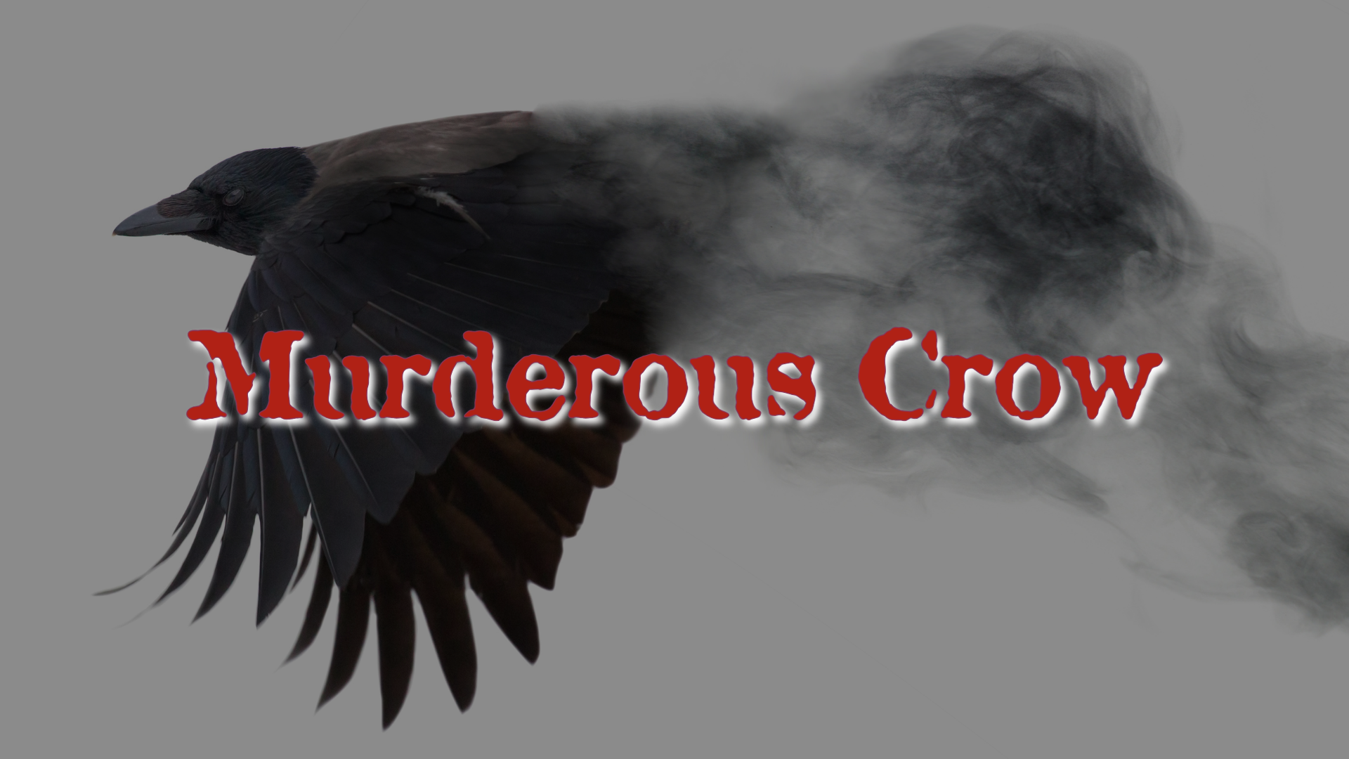 illustration made in Adobe Express featuring the title of the poem "Murderous Crow" and in the background, there is a graphic of a black flying away heading out west with the back part of the body disintegrating into dust.