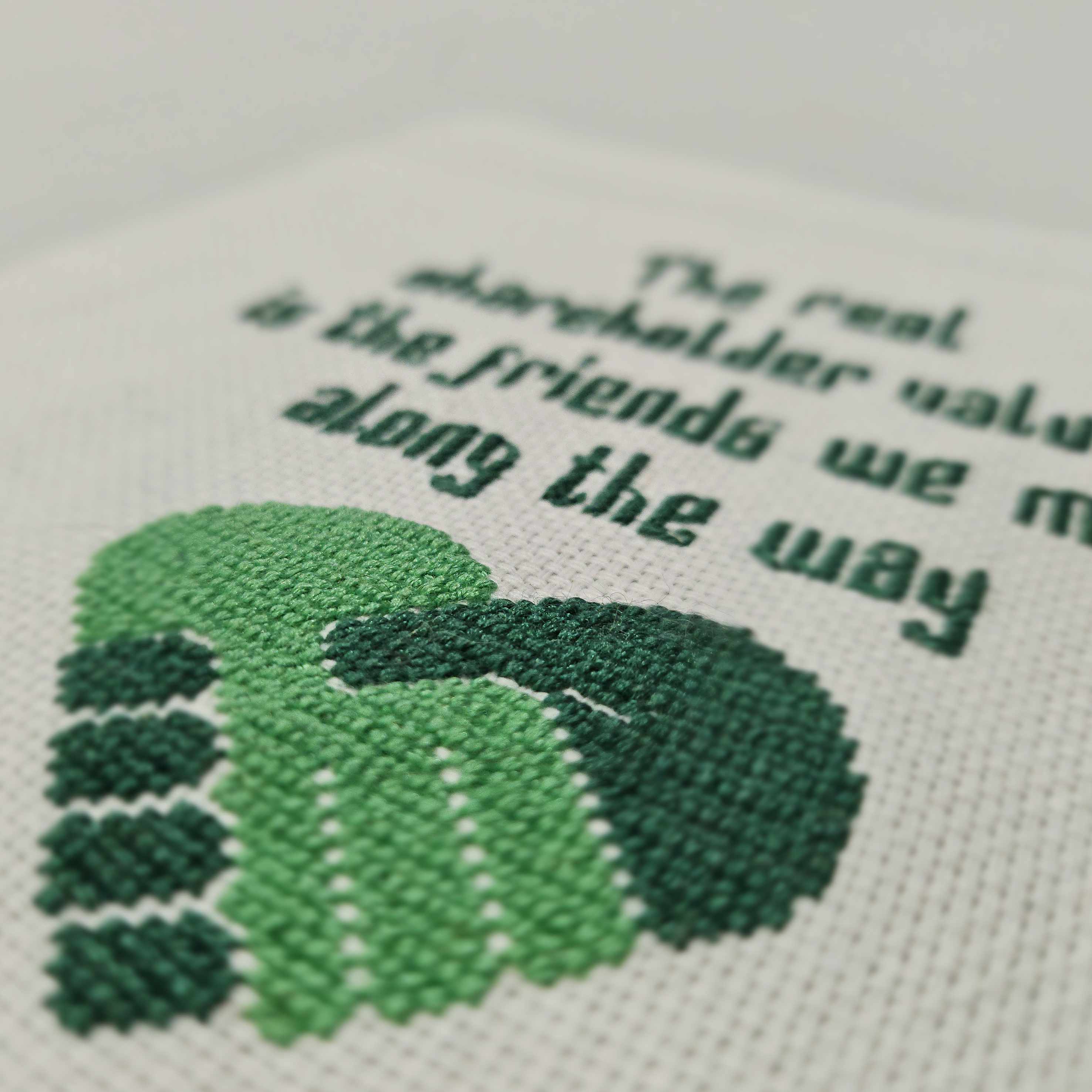A close-up of the heartshake cross-stitch pattern, showing detailed stitches on the hands.