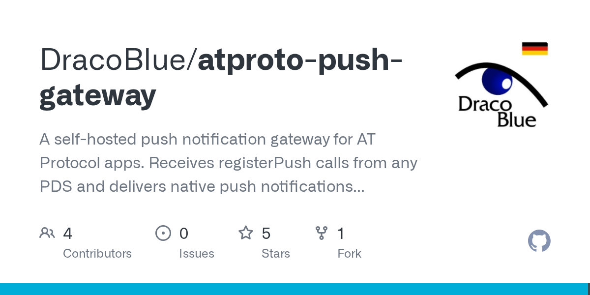 GitHub - DracoBlue/atproto-push-gateway: A self-hosted push notification gateway for AT Protocol apps. Receives registerPush calls from any PDS and delivers native push notifications (FCM/APNs/Expo) when social events occur.