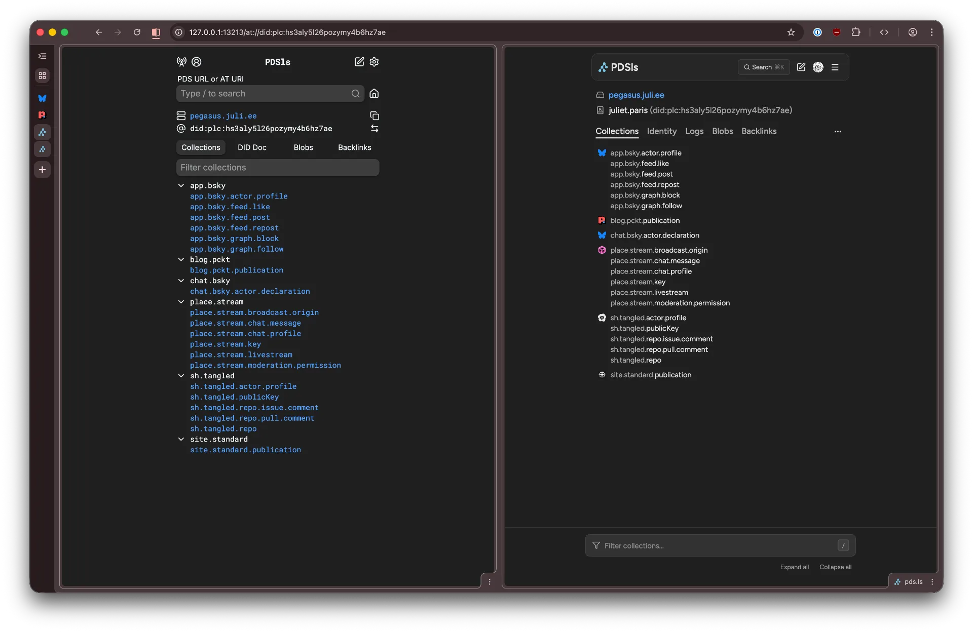 Comparison screenshot of two split tabs of the PDSls repo page