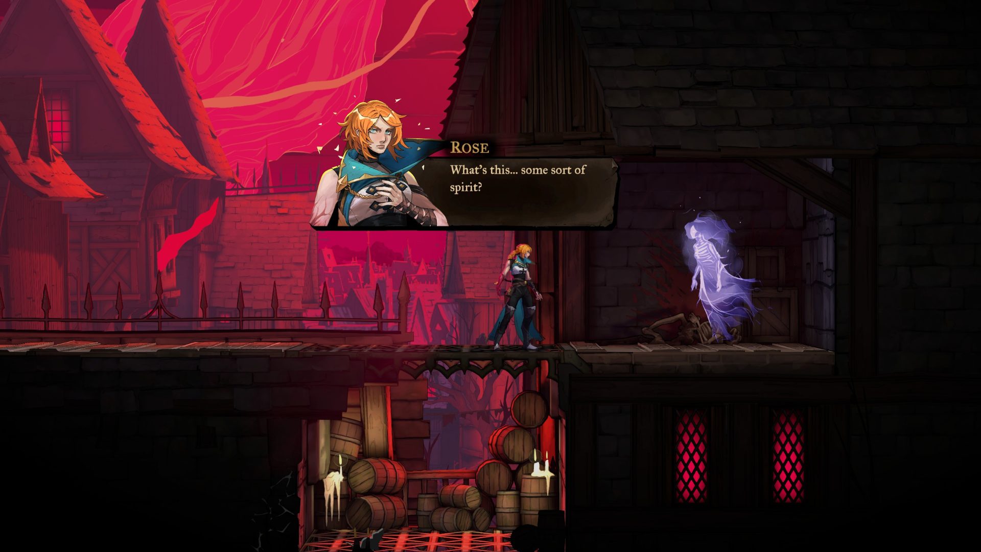 A screenshot of the game. Rose, a woman with red hair wearing a white top with a blue cowl is observing a purple spirit. Her textbox reads: "What's this... some sort of spirit?"