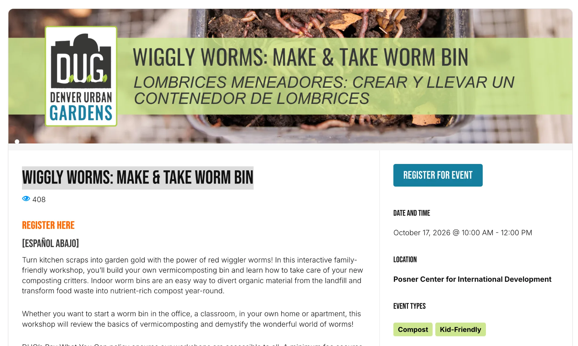 Screenshot from Denver Urban Gardens for October 17 worm bin event.