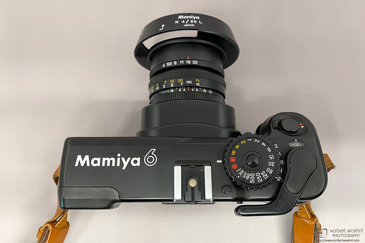 Top view of Mamiya 6 with expanded 50mm lens.
