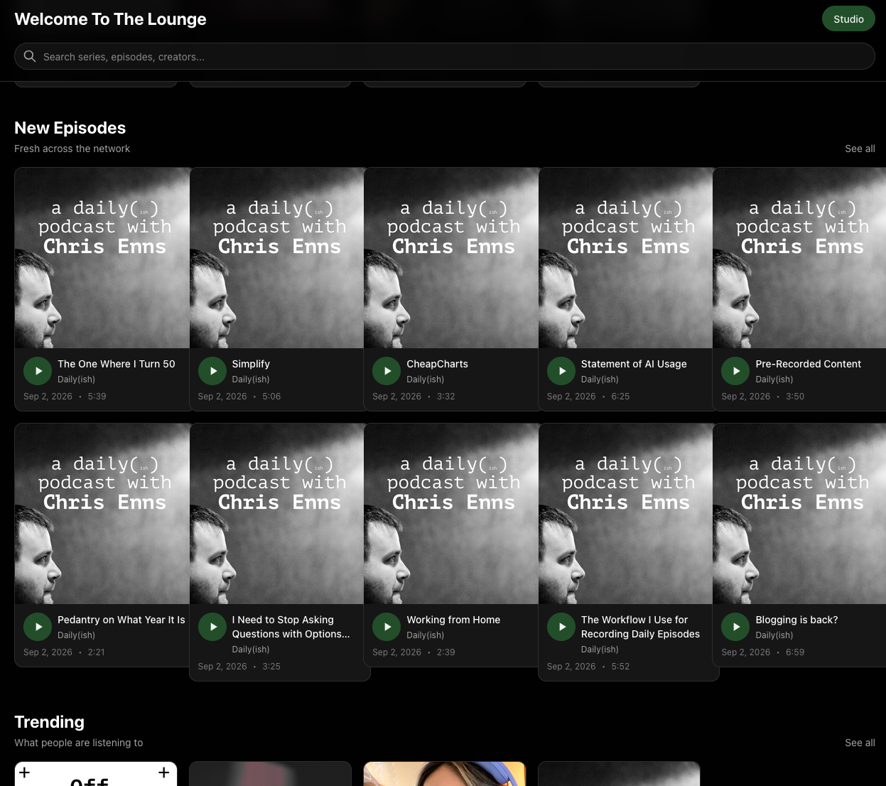 screenshot of the VoxPort page showing new episodes on the service with my podcast and face showing up for all of the new episodes