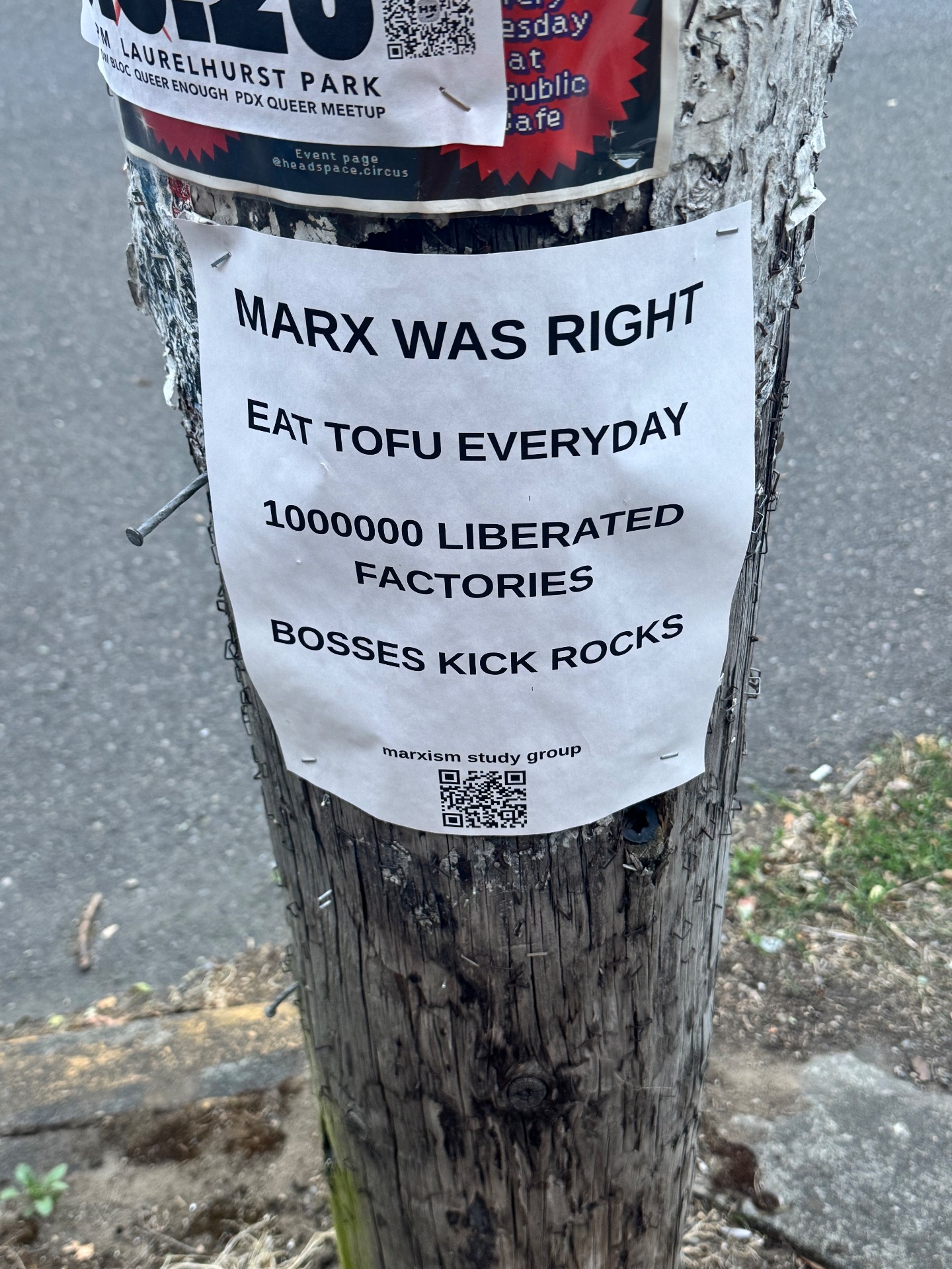 A telephone pole sign that says Marx was right
