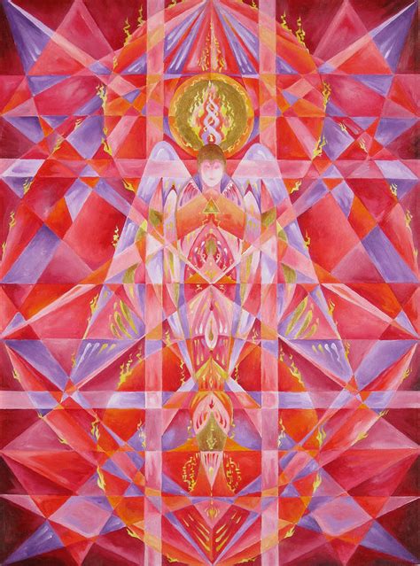 Abstract artwork of St. Michael. Reds and fire, symmetrical circles and patterns, DNA sequencing rising from the crown in halo