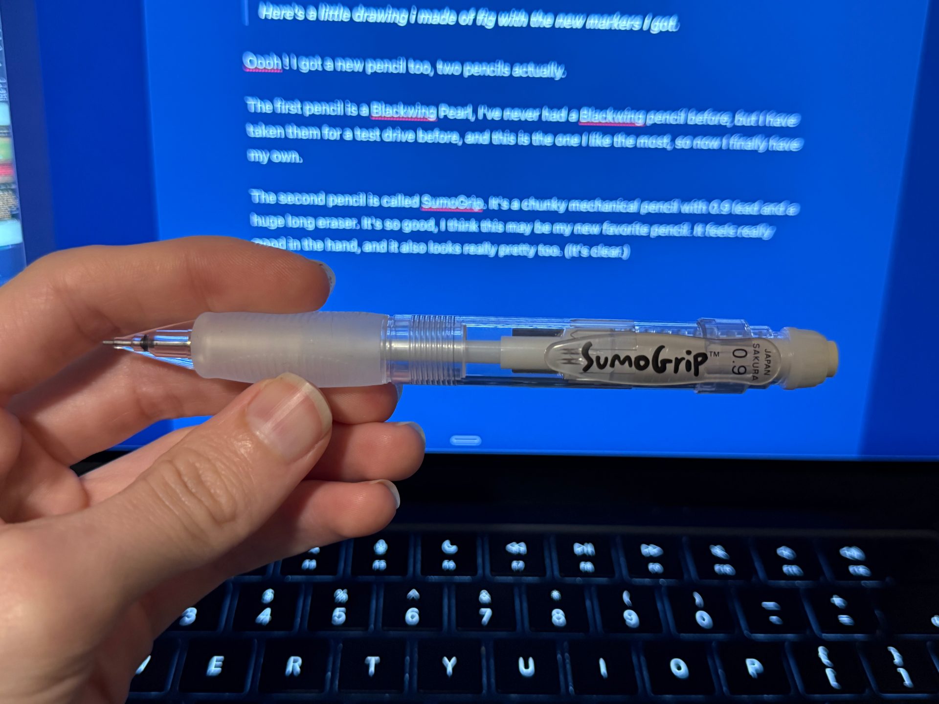 the sumo mechanical pencil in front of my computer screen with a draft of this article open.
