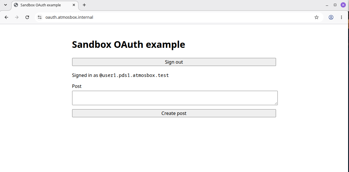 A chromium browser open to https://oauth.atmosbox.internal/ showing I'm signed in as user1.pds1.atmosbox.test