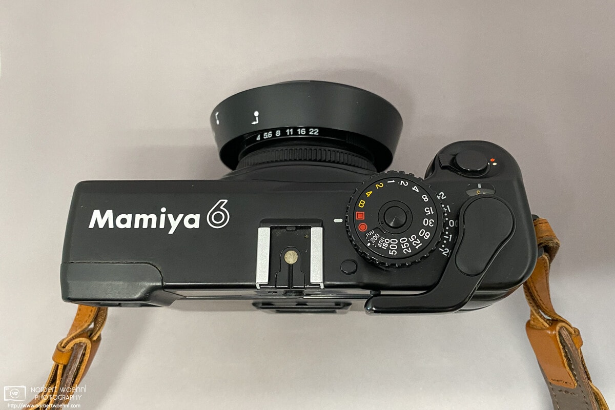 Top view of Mamiya 6 with collapsed 50mm lens.
