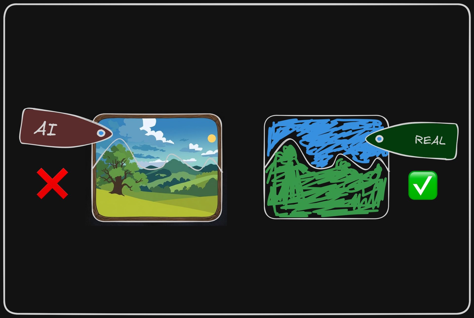 One image, clearly AI generated & is tagged as "AI"
Another very poorly drawn image that is tagged as "Real"